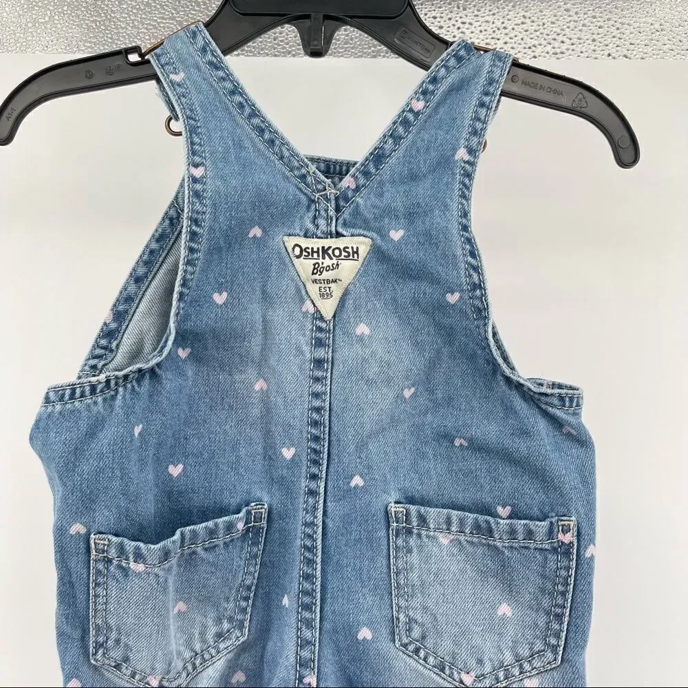 OshKosh B’gosh Baby Girl’s Vestbak Pink Hearts Denim Overalls Size 9M